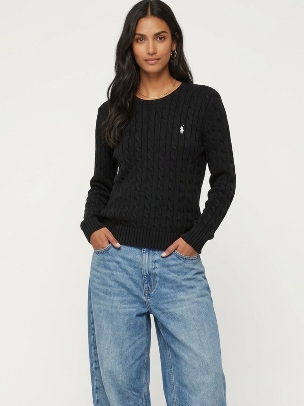 Vintage Polo by Ralph Lauren Embroidered  Cable-Knit Crewneck Sweater In Black L